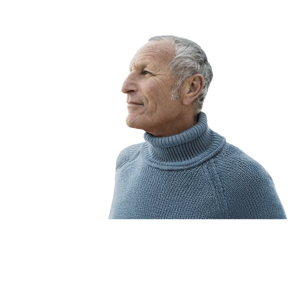 Older man in light blue rollneck jumper confidently looks off into the distance.